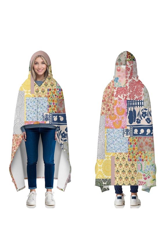 Wearable Blanket,Pioneer Flower Floral Print Pattern Hooded Wearable Flannel Blanket for Adults & Teens with Buckle,Winter Poncho Shawl Wrap Cape,50"x60"