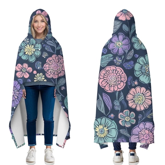 Wearable Blanket,Pioneer Flower Floral Print Pattern Hooded Wearable Flannel Blanket for Adults & Teens with Buckle,Winter Poncho Shawl Wrap Cape,50"x60"