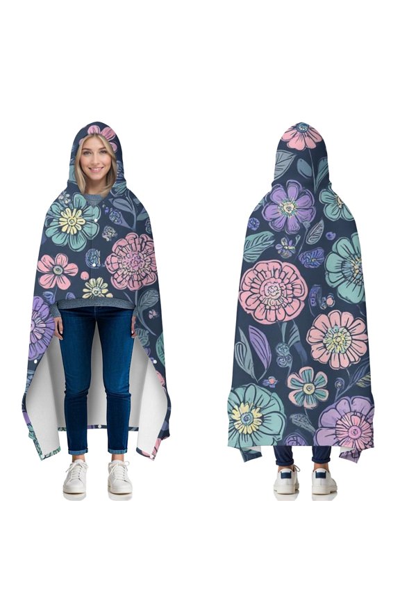 Wearable Blanket,Pioneer Flower Floral Print Pattern Hooded Wearable Flannel Blanket for Adults & Teens with Buckle,Winter Poncho Shawl Wrap Cape,50"x60"