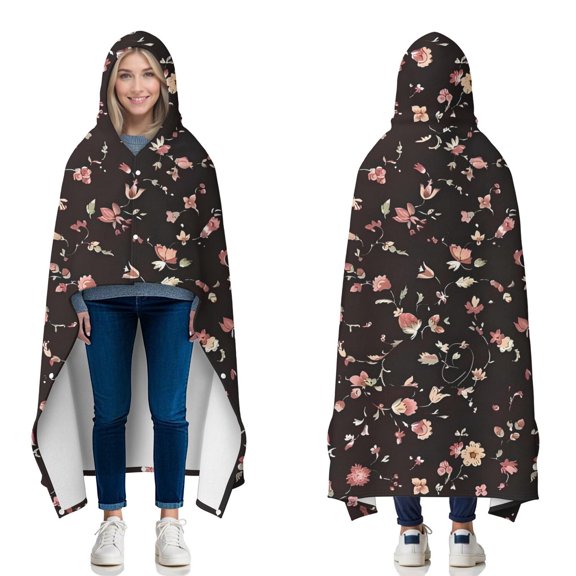 Wearable Blanket,Pioneer Flower Floral Print Pattern Hooded Wearable Flannel Blanket for Adults & Teens with Buckle,Winter Poncho Shawl Wrap Cape,50"x60"