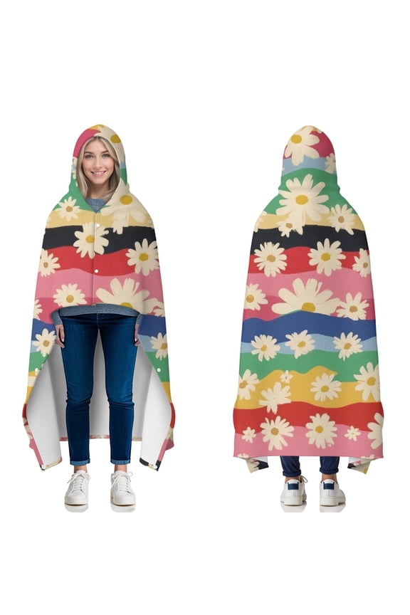 Wearable Blanket,Pioneer Flower Floral Print Pattern Hooded Wearable Flannel Blanket for Adults & Teens with Buckle,Winter Poncho Shawl Wrap Cape,50"x60"