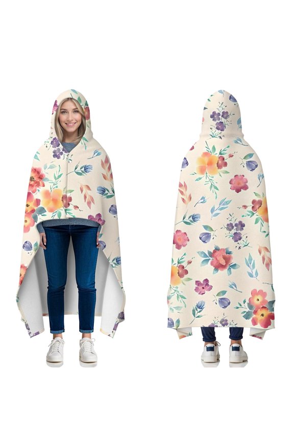 Wearable Blanket,Pioneer Flower Floral Print Pattern Hooded Wearable Flannel Blanket for Adults & Teens with Buckle,Winter Poncho Shawl Wrap Cape,50"x60"