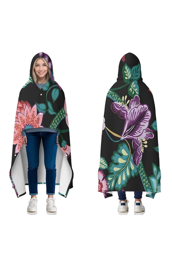 Wearable Blanket,Pioneer Flower Floral Print Pattern Hooded Wearable Flannel Blanket for Adults & Teens with Buckle,Winter Poncho Shawl Wrap Cape,50"x60"