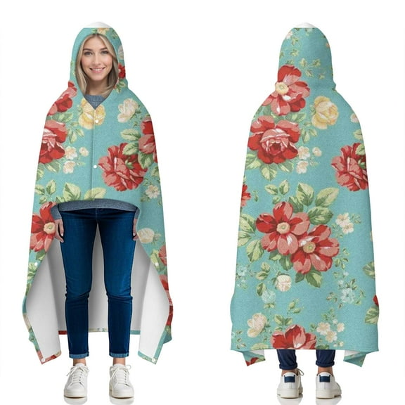 Wearable Blanket,Pioneer Flower Floral Print Pattern Hooded Wearable Flannel Blanket for Adults & Teens with Buckle,Winter Poncho Shawl Wrap Cape,50"x60"