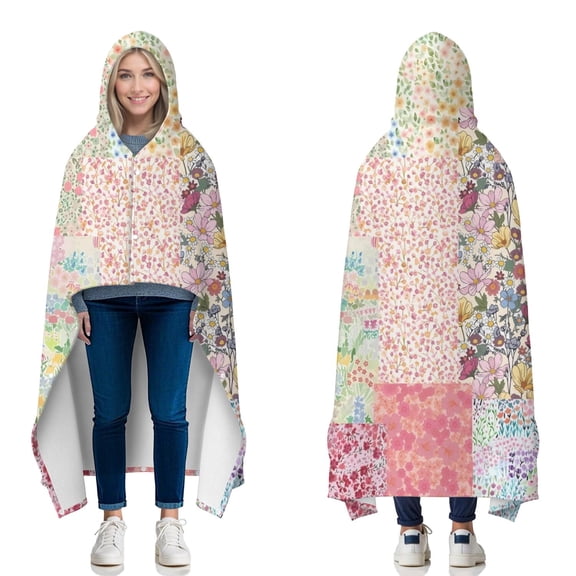 Wearable Blanket,Pioneer Flower Floral Print Pattern Hooded Wearable Flannel Blanket for Adults & Teens with Buckle,Winter Poncho Shawl Wrap Cape,50"x60"