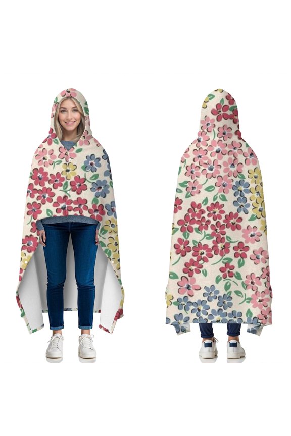 Wearable Blanket,Pioneer Flower Floral Print Pattern Hooded Wearable Flannel Blanket for Adults & Teens with Buckle,Winter Poncho Shawl Wrap Cape,60"x80"