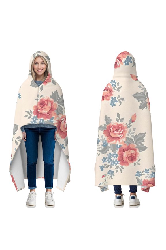 Wearable Blanket,Pioneer Flower Floral Print Pattern Hooded Wearable Flannel Blanket for Adults & Teens with Buckle,Winter Poncho Shawl Wrap Cape,60"x80"