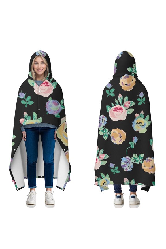 Wearable Blanket,Pioneer Flower Floral Print Pattern Hooded Wearable Flannel Blanket for Adults & Teens with Buckle,Winter Poncho Shawl Wrap Cape,60"x80"