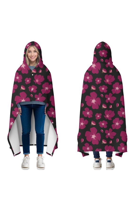 Wearable Blanket,Pioneer Flower Floral Print Pattern Hooded Wearable Flannel Blanket for Adults & Teens with Buckle,Winter Poncho Shawl Wrap Cape,60"x80"