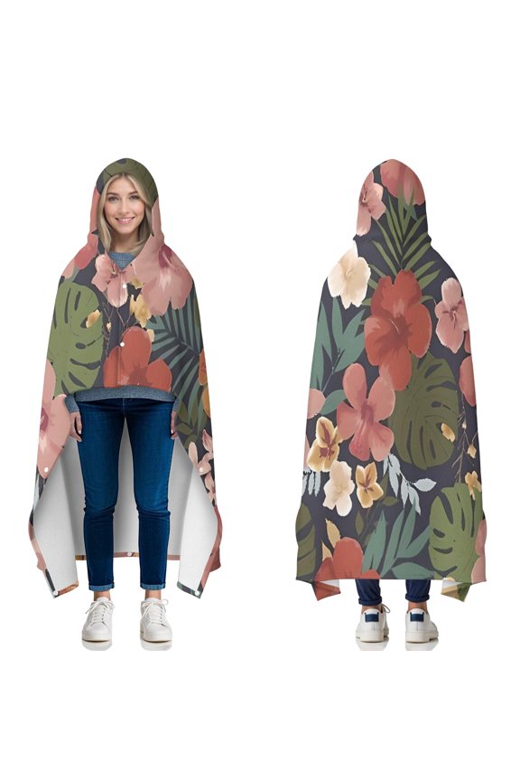 Wearable Blanket,Pioneer Flower Floral Print Pattern Hooded Wearable Flannel Blanket for Adults & Teens with Buckle,Winter Poncho Shawl Wrap Cape,60"x80"