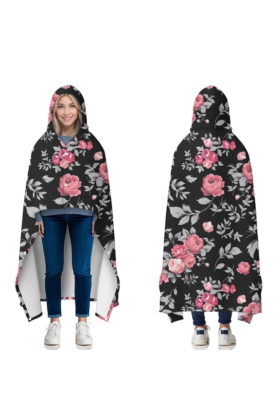 Wearable Blanket,Pioneer Flower Floral Print Pattern Hooded Wearable Flannel Blanket for Adults & Teens with Buckle,Winter Poncho Shawl Wrap Cape,60"x80"