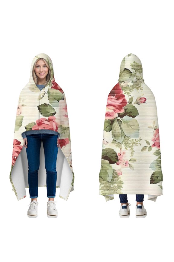 Wearable Blanket,Pioneer Flower Floral Print Pattern Hooded Wearable Flannel Blanket for Adults & Teens with Buckle,Winter Poncho Shawl Wrap Cape,60"x80"