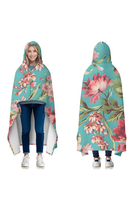 Wearable Blanket,Pioneer Flower Floral Print Pattern Hooded Wearable Flannel Blanket for Adults & Teens with Buckle,Winter Poncho Shawl Wrap Cape,60"x80"