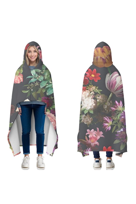 Wearable Blanket,Pioneer Flower Floral Print Pattern Hooded Wearable Flannel Blanket for Adults & Teens with Buckle,Winter Poncho Shawl Wrap Cape,60"x80"