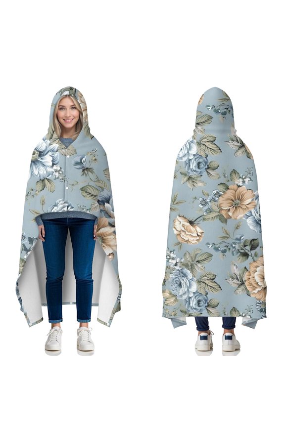 Wearable Blanket,Pioneer Flower Floral Print Pattern Hooded Wearable Flannel Blanket for Adults & Teens with Buckle,Winter Poncho Shawl Wrap Cape,60"x80"