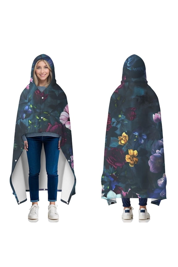 Wearable Blanket,Pioneer Flower Floral Print Pattern Hooded Wearable Flannel Blanket for Adults & Teens with Buckle,Winter Poncho Shawl Wrap Cape,60"x80"