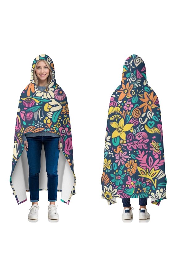 Wearable Blanket,Pioneer Flower Floral Print Pattern Hooded Wearable Flannel Blanket for Adults & Teens with Buckle,Winter Poncho Shawl Wrap Cape,60"x80"