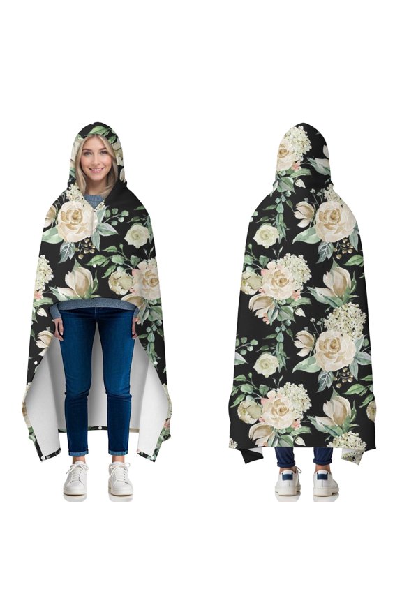 Wearable Blanket,Pioneer Flower Floral Print Pattern Hooded Wearable Flannel Blanket for Adults & Teens with Buckle,Winter Poncho Shawl Wrap Cape,60"x80"