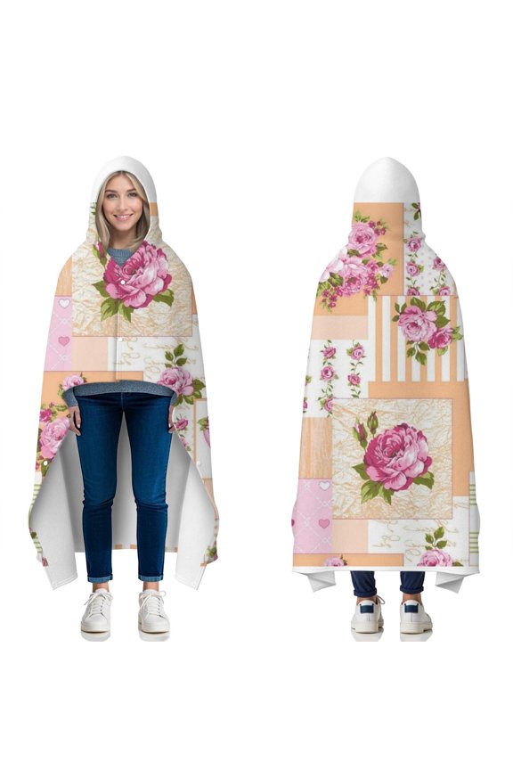 Wearable Blanket,Pioneer Flower Floral Print Pattern Hooded Wearable Flannel Blanket for Adults & Teens with Buckle,Winter Poncho Shawl Wrap Cape,60"x80"
