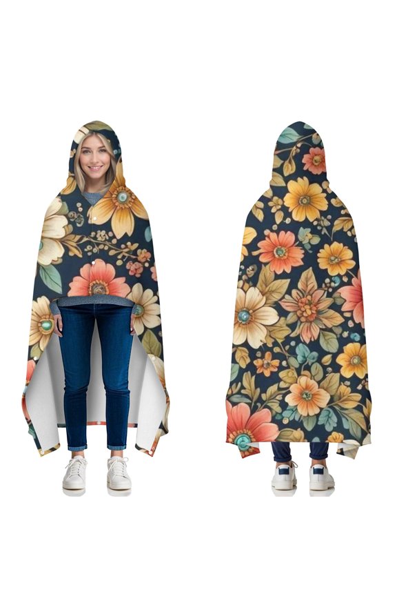 Wearable Blanket,Pioneer Flower Floral Print Pattern Hooded Wearable Flannel Blanket for Adults & Teens with Buckle,Winter Poncho Shawl Wrap Cape,60"x80"
