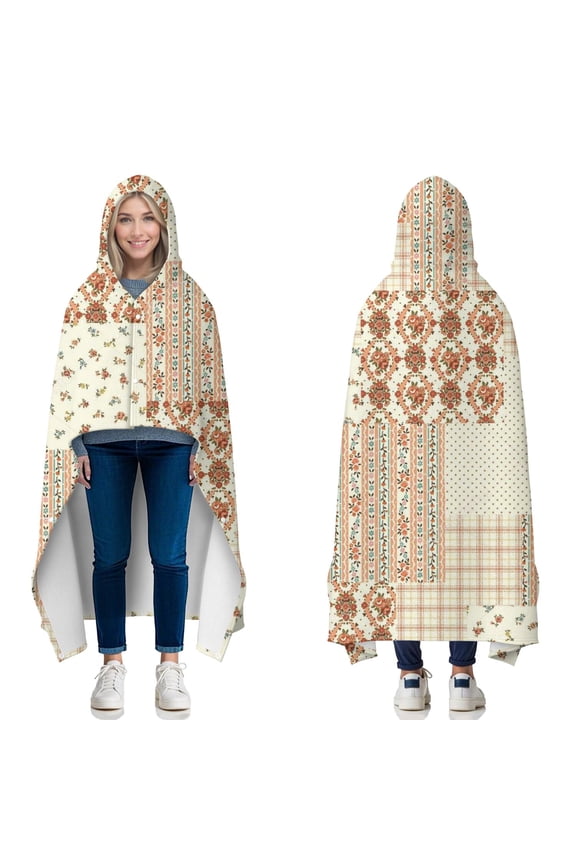 Wearable Blanket,Pioneer Flower Floral Print Pattern Hooded Wearable Flannel Blanket for Adults & Teens with Buckle,Winter Poncho Shawl Wrap Cape,60"x80"