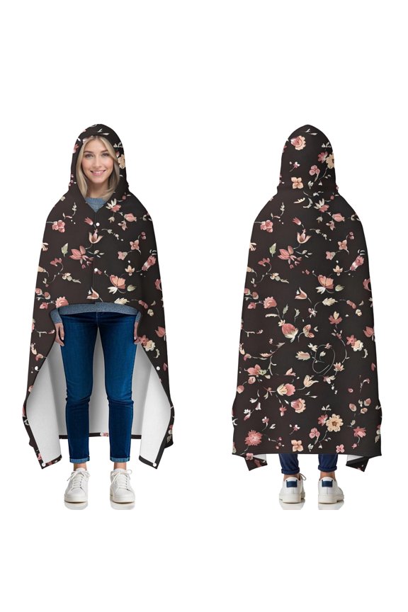 Wearable Blanket,Pioneer Flower Floral Print Pattern Hooded Wearable Flannel Blanket for Adults & Teens with Buckle,Winter Poncho Shawl Wrap Cape,60"x80"