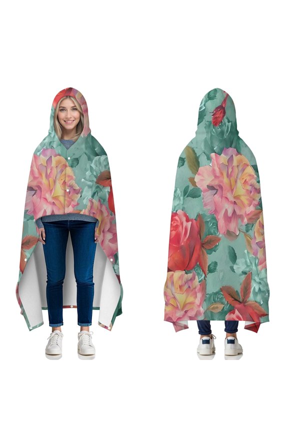 Wearable Blanket,Pioneer Flower Floral Print Pattern Hooded Wearable Flannel Blanket for Adults & Teens with Buckle,Winter Poncho Shawl Wrap Cape,60"x80"