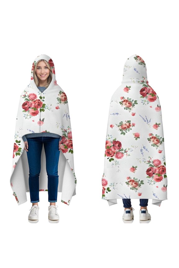 Wearable Blanket,Pioneer Flower Floral Print Pattern Hooded Wearable Flannel Blanket for Adults & Teens with Buckle,Winter Poncho Shawl Wrap Cape,60"x80"
