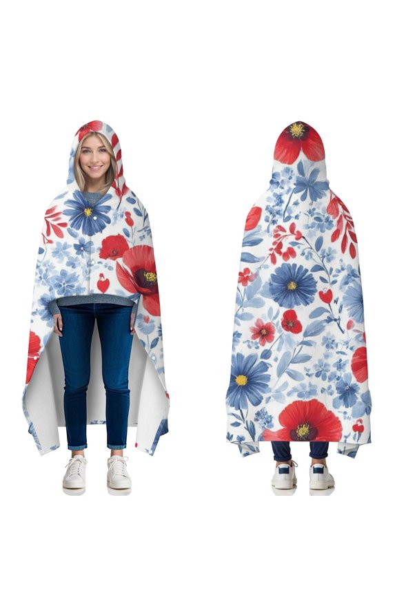 Wearable Blanket,Pioneer Flower Floral Print Pattern Hooded Wearable Flannel Blanket for Adults & Teens with Buckle,Winter Poncho Shawl Wrap Cape,60"x80"