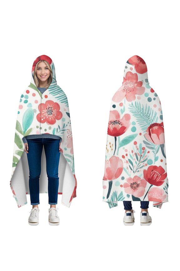 Wearable Blanket,Pioneer Flower Floral Print Pattern Hooded Wearable Flannel Blanket for Adults & Teens with Buckle,Winter Poncho Shawl Wrap Cape,60"x80"