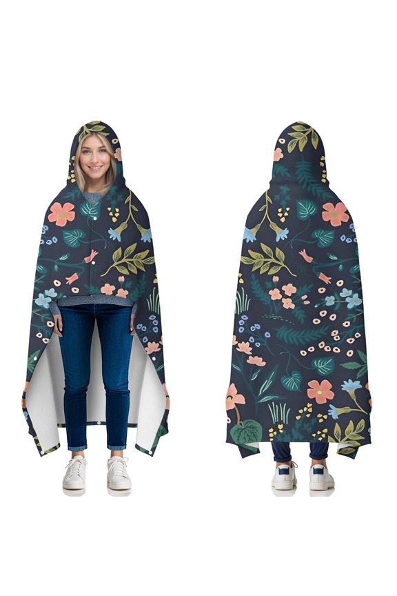 Wearable Blanket,Pioneer Flower Floral Print Pattern Hooded Wearable Flannel Blanket for Adults & Teens with Buckle,Winter Poncho Shawl Wrap Cape,60"x80"