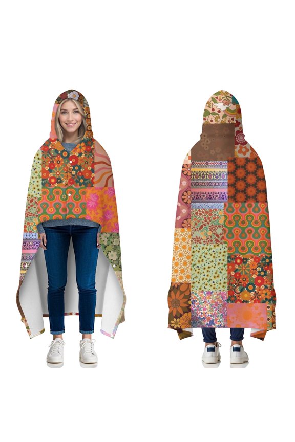 Wearable Blanket,Pioneer Flower Floral Print Pattern Hooded Wearable Flannel Blanket for Adults & Teens with Buckle,Winter Poncho Shawl Wrap Cape,60"x80"