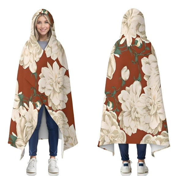 Wearable Blanket,Pioneer Flower Floral Print Pattern Hooded Wearable Flannel Blanket for Adults & Teens,Winter Poncho Shawl Wrap Cape Cozy Anti-Pill,50"x60"