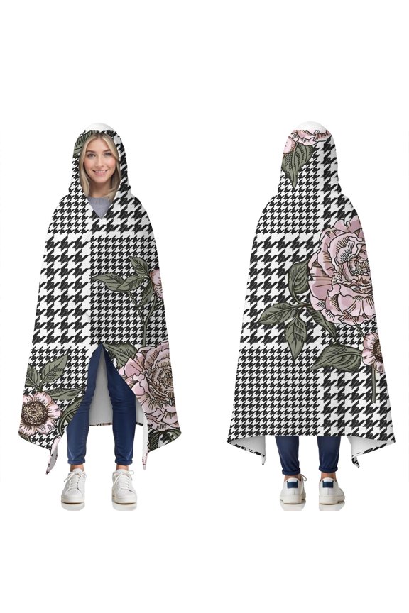 Wearable Blanket,Pioneer Flower Floral Print Pattern Hooded Wearable Flannel Blanket for Adults & Teens,Winter Poncho Shawl Wrap Cape Cozy Anti-Pill,50"x60"