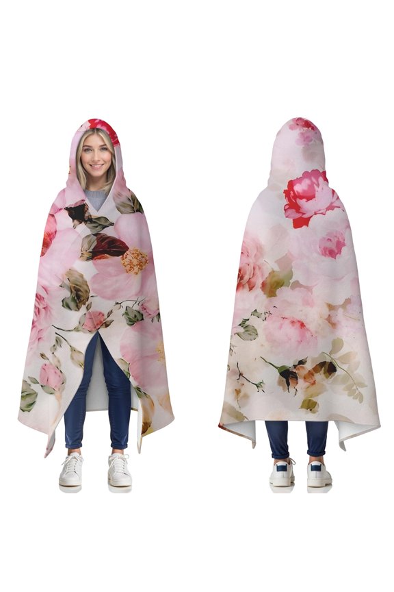 Wearable Blanket,Pioneer Flower Floral Print Pattern Hooded Wearable Flannel Blanket for Adults & Teens,Winter Poncho Shawl Wrap Cape Cozy Anti-Pill,60"x80"