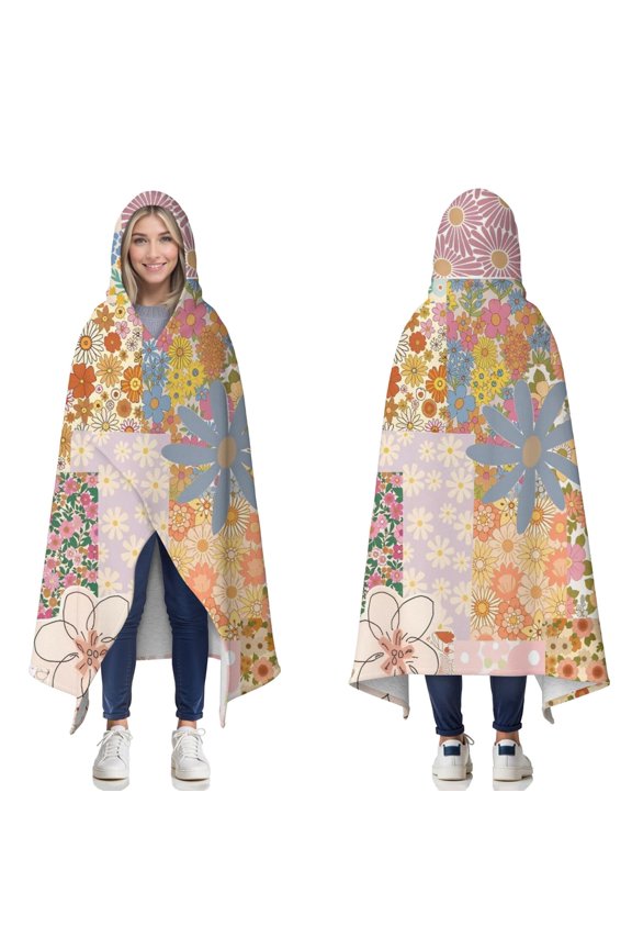 Wearable Blanket,Pioneer Flower Floral Print Pattern Hooded Wearable Sherpa Blanket for Adults & Teens,Winter Poncho Shawl Wrap Cape Thick Warm,50"x60"