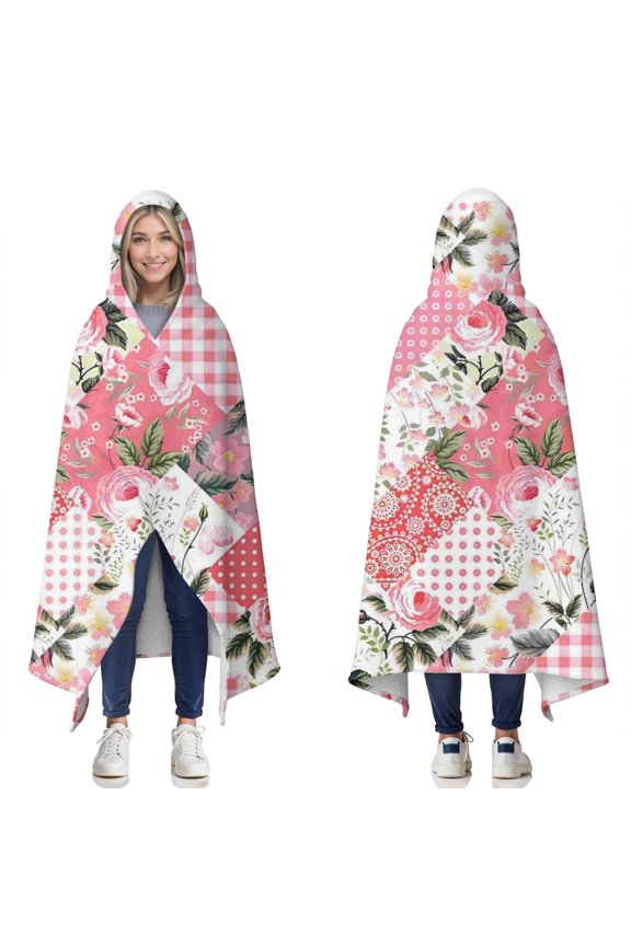 Wearable Blanket,Pioneer Flower Floral Print Pattern Hooded Wearable Sherpa Blanket for Adults & Teens,Winter Poncho Shawl Wrap Cape Thick Warm,50"x60"