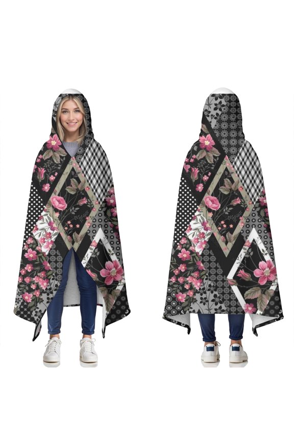Wearable Blanket,Pioneer Flower Floral Print Pattern Hooded Wearable Sherpa Blanket for Adults & Teens,Winter Poncho Shawl Wrap Cape Thick Warm,50"x60"