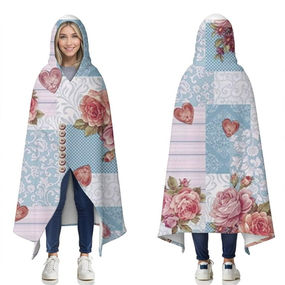 Wearable Blanket,Pioneer Flower Floral Print Pattern Hooded Wearable Sherpa Blanket for Adults & Teens,Winter Poncho Shawl Wrap Cape Thick Warm,50"x60"