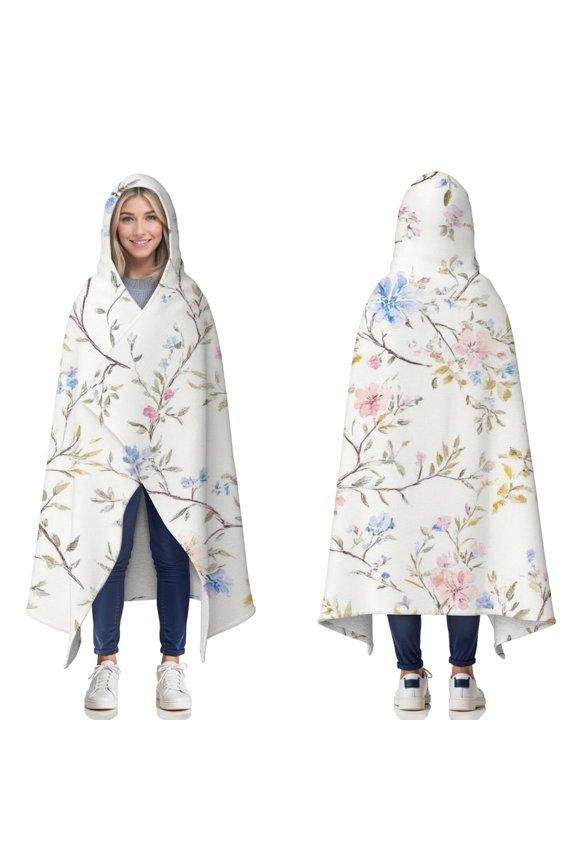 Wearable Blanket,Pioneer Flower Floral Print Pattern Hooded Wearable Sherpa Blanket for Adults & Teens,Winter Poncho Shawl Wrap Cape Thick Warm,50"x60"