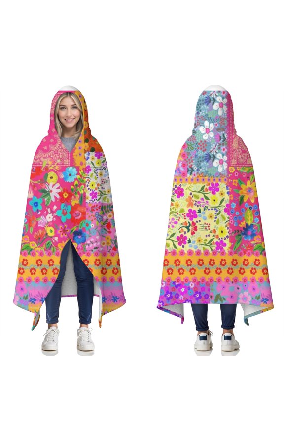 Wearable Blanket,Pioneer Flower Floral Print Pattern Hooded Wearable Sherpa Blanket for Adults & Teens,Winter Poncho Shawl Wrap Cape Thick Warm,50"x60"