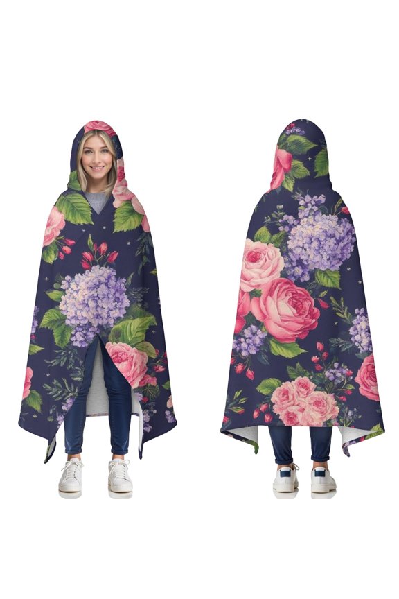 Wearable Blanket,Pioneer Flower Floral Print Pattern Hooded Wearable Sherpa Blanket for Adults & Teens,Winter Poncho Shawl Wrap Cape Thick Warm,60"x80"