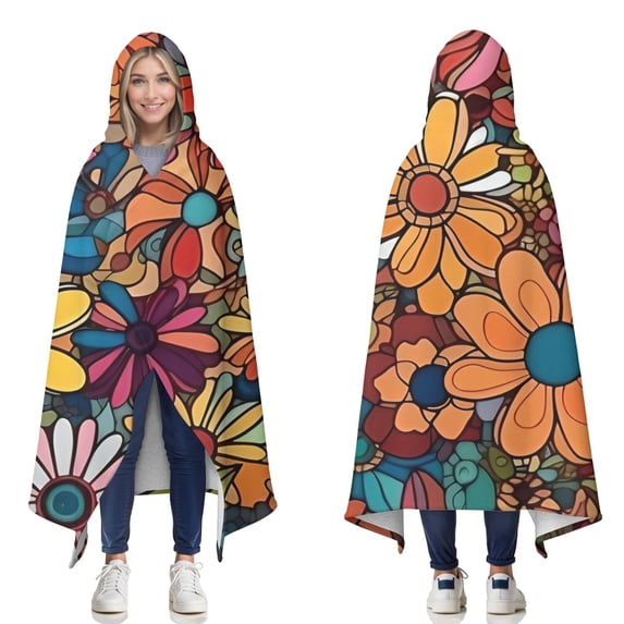 Wearable Blanket,Pioneer Flower Floral Print Pattern Hooded Wearable Sherpa Blanket for Adults & Teens,Winter Poncho Shawl Wrap Cape Thick Warm,60"x80"