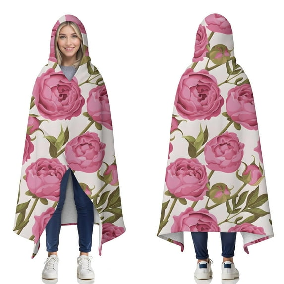 Wearable Blanket,Pioneer Flower Floral Print Pattern Hooded Wearable Sherpa Blanket for Adults & Teens,Winter Poncho Shawl Wrap Cape Thick Warm,60"x80"