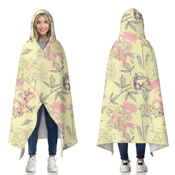 Wearable Blanket,Pioneer Flower Floral Print Pattern Hooded Wearable Sherpa Blanket for Adults & Teens,Winter Poncho Shawl Wrap Cape Thick Warm,60"x80"