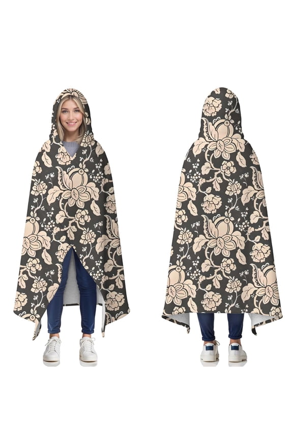 Wearable Blanket,Pioneer Flower Floral Print Pattern Hooded Wearable Sherpa Blanket for Adults & Teens,Winter Poncho Shawl Wrap Cape Thick Warm,60"x80"
