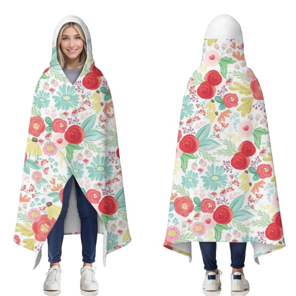 Wearable Blanket,Pioneer Flower Floral Print Pattern Hooded Wearable Sherpa Blanket for Adults & Teens,Winter Poncho Shawl Wrap Cape Thick Warm,60"x80"