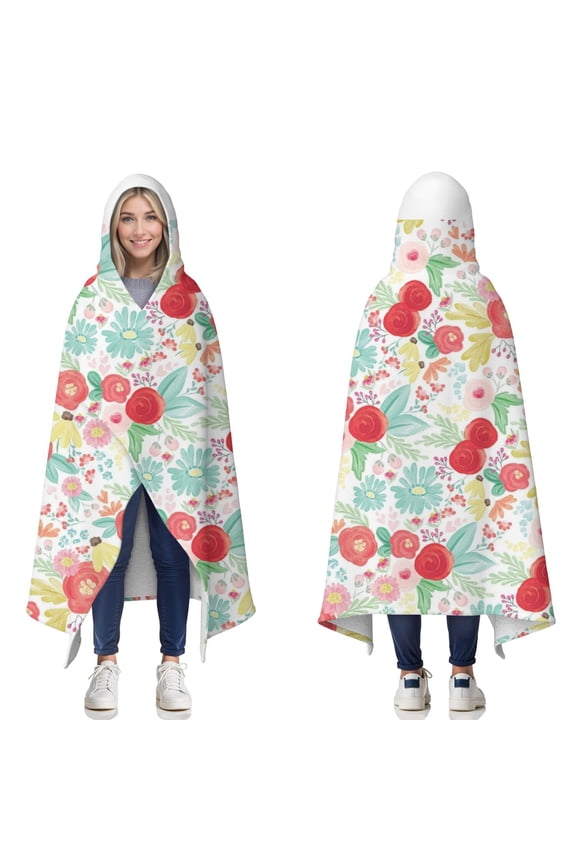 Wearable Blanket,Pioneer Flower Floral Print Pattern Hooded Wearable Sherpa Blanket for Adults & Teens,Winter Poncho Shawl Wrap Cape Thick Warm,60"x80"