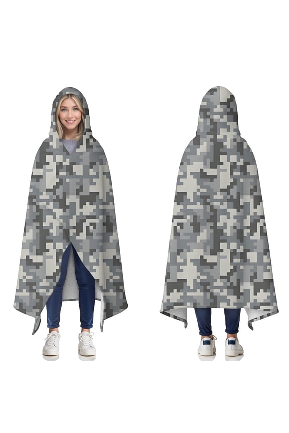 Wearable Blanket,Pixel Gray Camo Digital Pattern Hooded Wearable Sherpa Blanket for Adults & Teens,Winter Poncho Shawl Wrap Cape Thick Warm,50"x60"