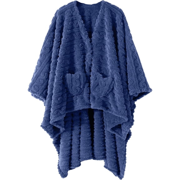 Wearable Blanket Poncho Cape Wrap, Cozy Sherpa Fleece Pocketed Shawl for Office and Lounge